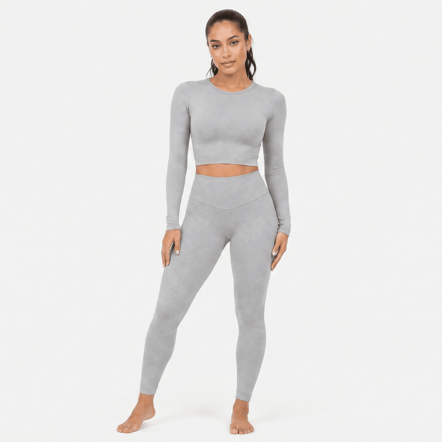 Super Stretch Crisscross Back Long Sleeve Cropped Top and Sculpt Legging Set - Light Grey (Various Sizes) - liquidation.store
