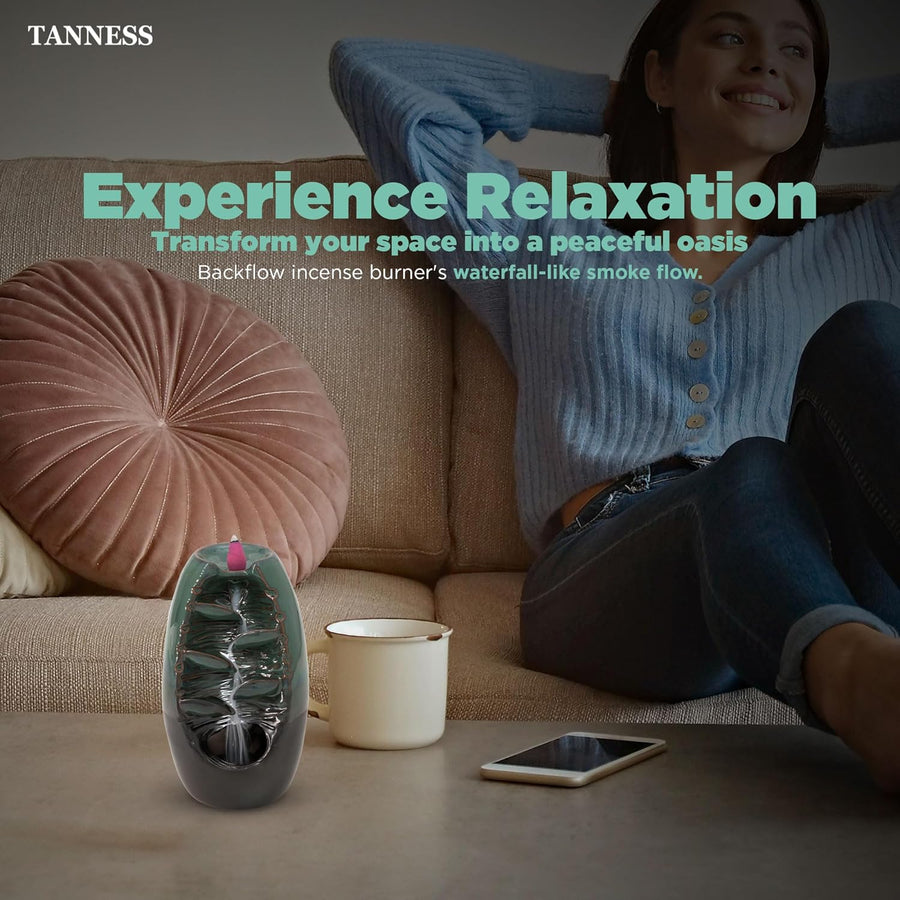 Tanness Backflow Burner - Incense Ceramic Waterfall Holder with 10 Cones - liquidation.store