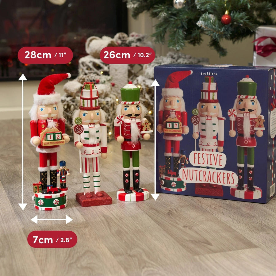 THE TWIDDLERS - 3 Wooden Nutcracker Soldiers, 25cm / 10" in Festive Colours - liquidation.store