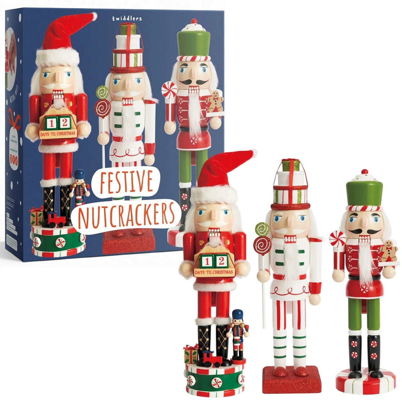 THE TWIDDLERS - 3 Wooden Nutcracker Soldiers, 25cm / 10" in Festive Colours - liquidation.store