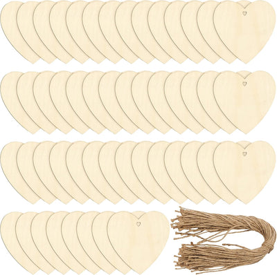 THE TWIDDLERS - 50 Blank Wooden Hearts for Crafting with String 10cm - liquidation.store