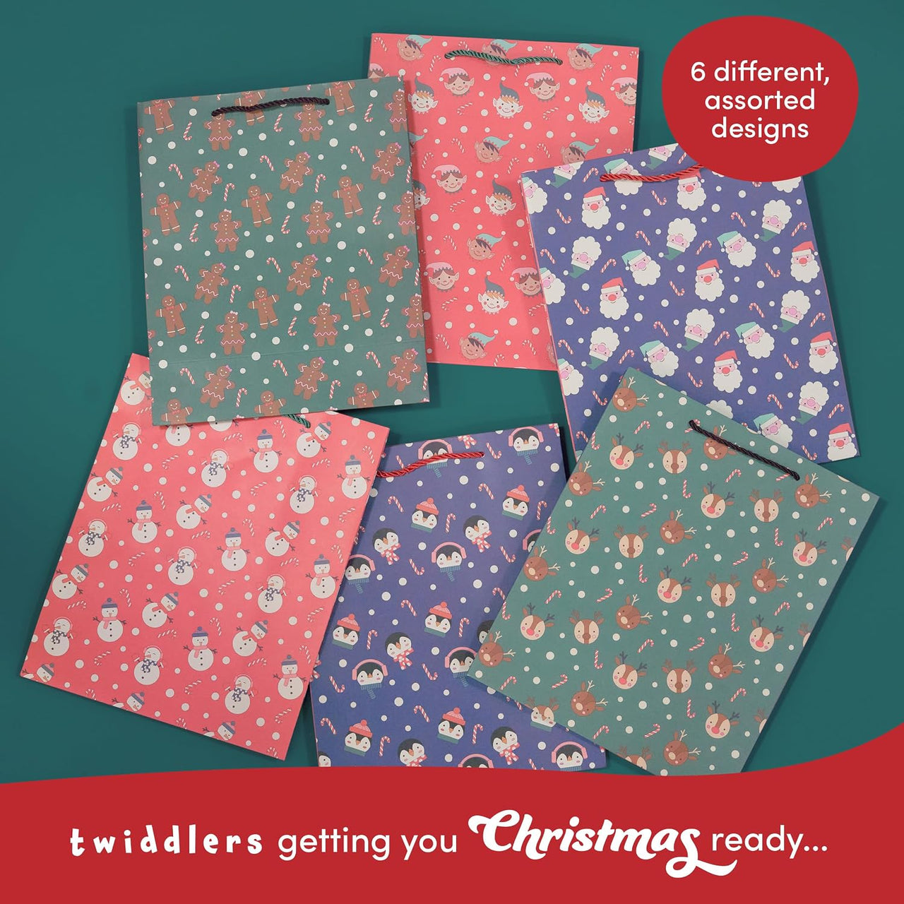 THE TWIDDLERS - 6 Christmas Gift Bags, Assorted Designs (32cm) - liquidation.store