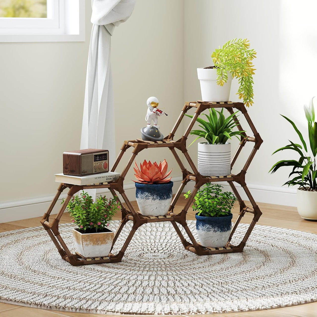 Tikea Hexagonal Wooden Plant Stand for Indoor and Outdoor Use (7 Levels) - liquidation.store
