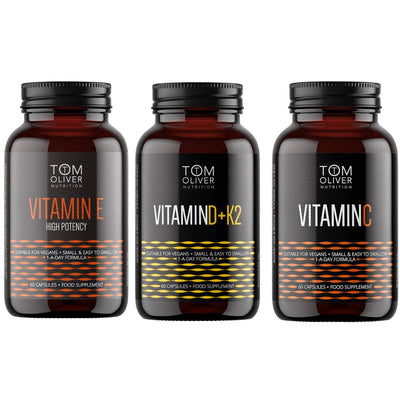 Tom Oliver Nutrition Immune Support Vitamin Bundle – C, D3+K2 & Vitamin E (60 Capsules Each) - liquidation.store