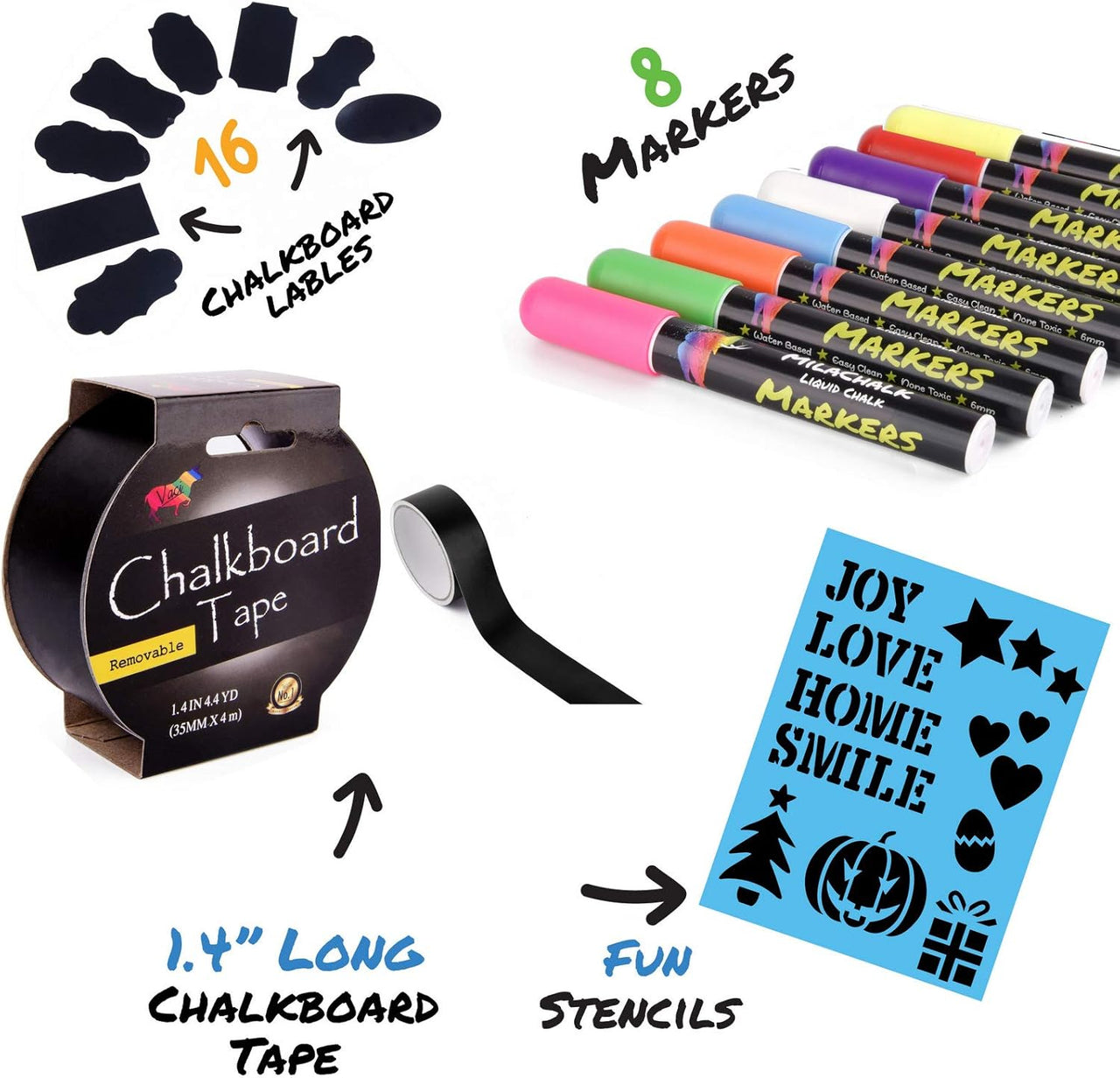 Vaci Chalk Markers Pack of 8 + Chalkboard Tape - liquidation.store