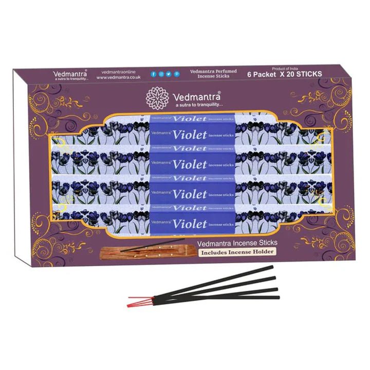 Vedmantra Violet Incense Sticks With Incense Holder - 6 Pack X 20 Sticks - liquidation.store