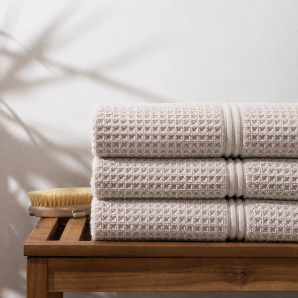 Waffle Cotton Bath Towel Oatmeal x3 - liquidation.store