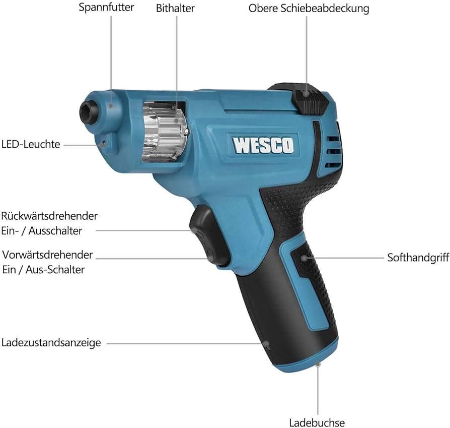 Wesco 3.6 Volt Lithium Screwdriver, Powerful, With Led Light, 6 Bits Included - liquidation.store