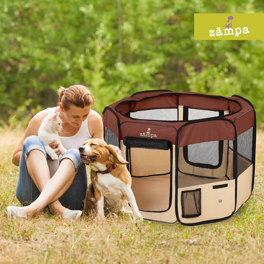 Zampa Pet Pop Up Dog Playpen Inside or Outdoor - Brown (XS) - liquidation.store