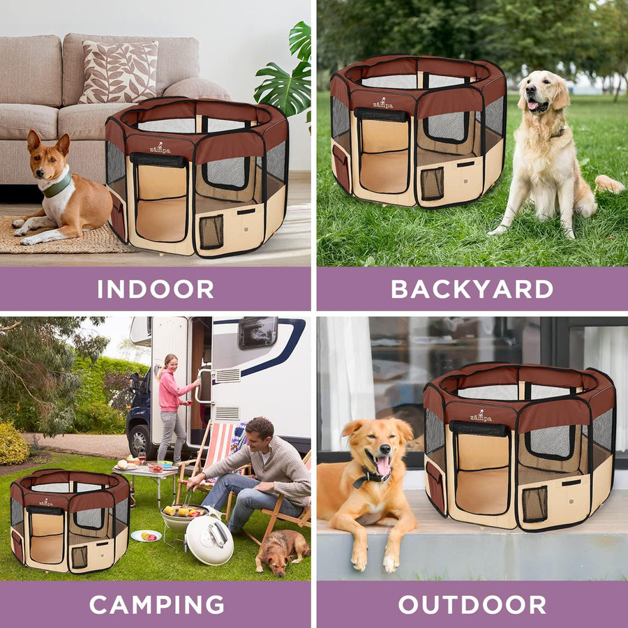 Zampa Pet Pop Up Dog Playpen Inside or Outdoor - Brown (XS) - liquidation.store