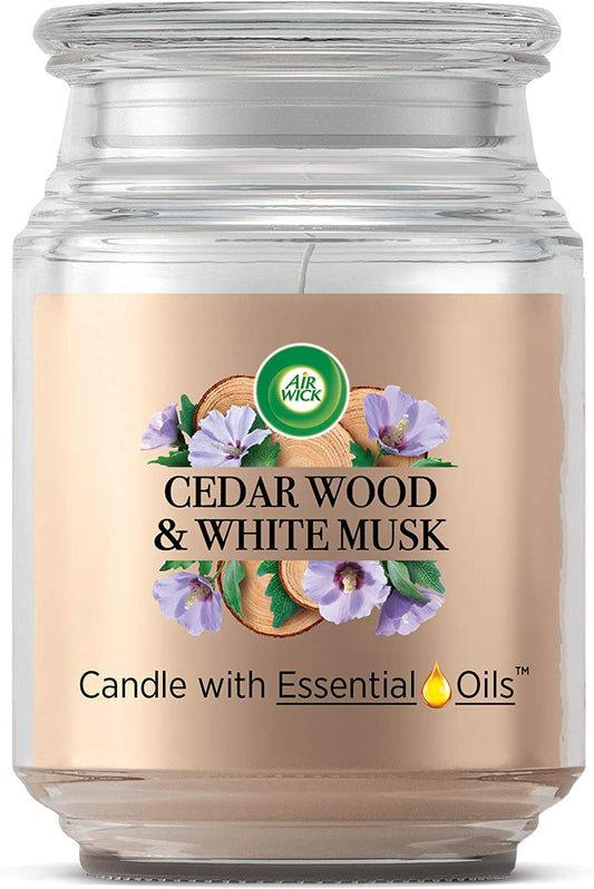Air Wick Cedar Wood & White Musk Large Glass Jar Candle - 480g - liquidation.store