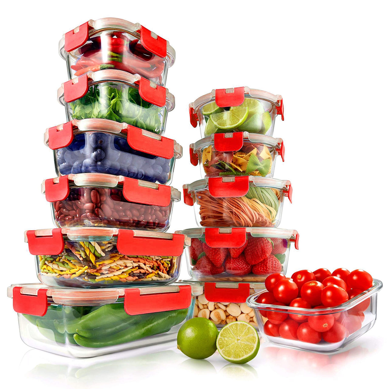 Nutrichef 24-Piece Superior Glass Food Storage Containers - Red - liquidation.store